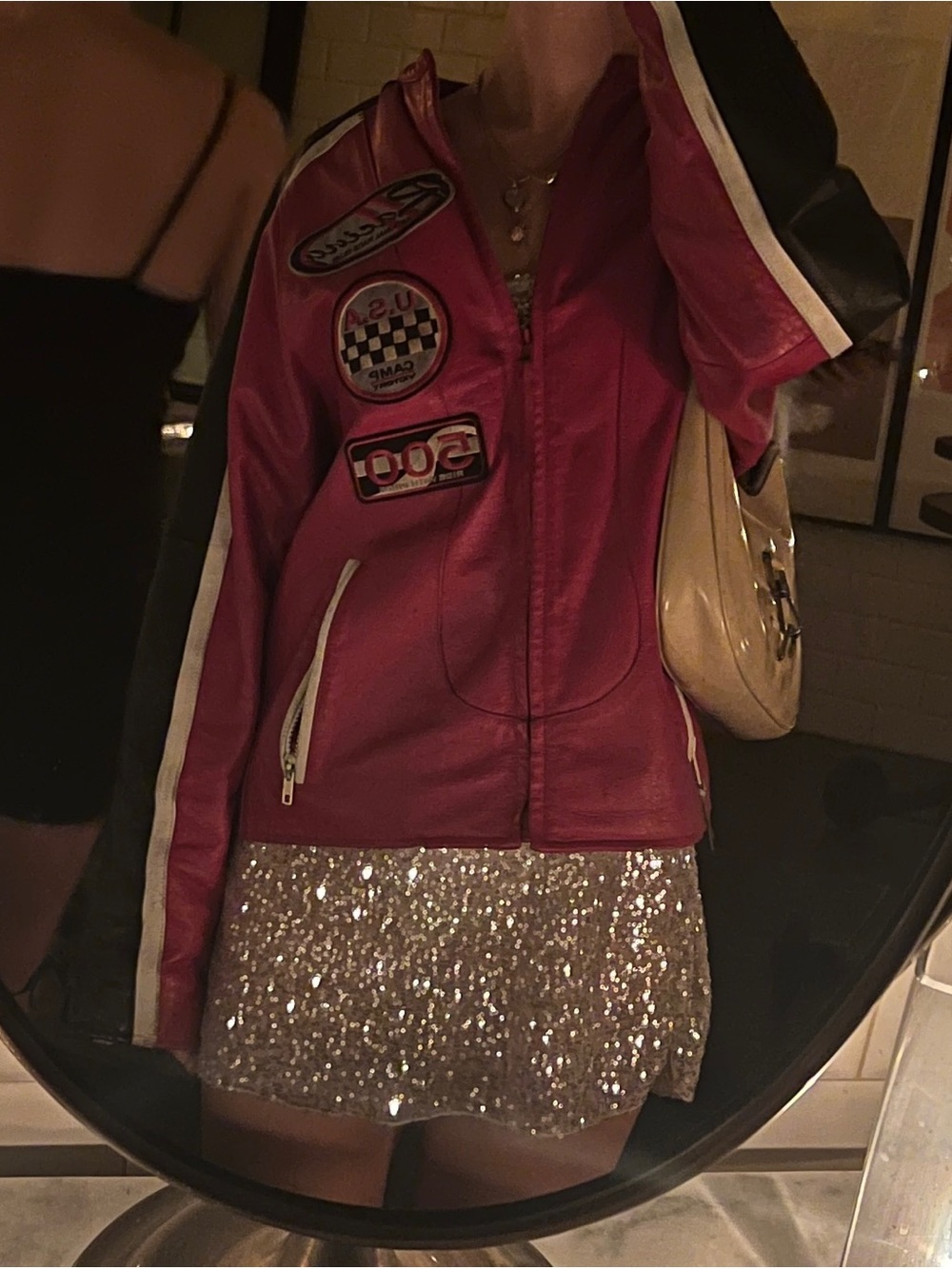 Vintage Red Leather Racing Patch Jacket with White Stripes